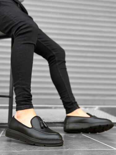Pabucmarketi Yüksek Siyah Taban Klasik Cilt Deri Püsküllü Corcik Erkek Ayakkabı