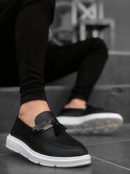 Pabucmarketi Yüksek Taban Klasik Püsküllü Erkek Ayakkabı Siyah Beyaz - Thumbnail
