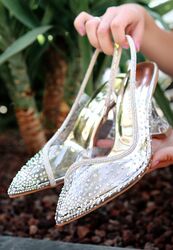 Pabucmarketi Kadın Gold Altın Şeffaf Boncuk İşlemeli Topuklu Ayakkabı - Thumbnail