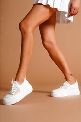 Pabucmarketi Beyaz Triko Streç Kalın Tabanlı Kadın Sneakers - Thumbnail