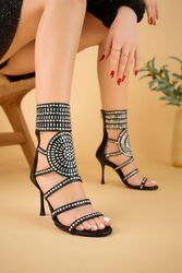 Pabucmarketi - Pabucmarketi Kadın Siyah Suni Deri Boncuk İşlemeli Bootie Topuklu Sandalet