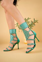 Pabucmarketi - Pabucmarketi Kadın Yeşil Suni Deri Boncuk İşlemeli Bootie Topuklu Sandalet