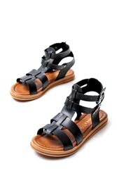 Pabucmarketi Kadın Siyah Deri Sandalet - Thumbnail