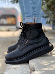 Pabucmarketi Yüksek Taban Erkek Ayakkabı Siyah Siyah Taban Bot - Thumbnail