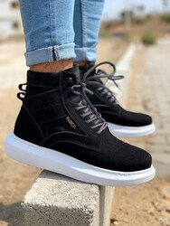 Pabucmarketi Erkek Ayakkabı Yüksek Taban Ayakkabı Siyah Suni Süet (Beyaz Taban) - Thumbnail