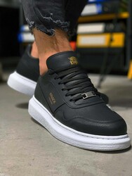 Pabucmarketi Erkek Ayakkabı Yüksek Taban Günlük Ayakkabı Siyah (Beyaz Taban) - Thumbnail