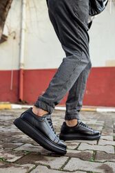 Pabucmarketi - Pabucmarketi Erkek Ayakkabı Yüksek Taban Günlük Ayakkabı Siyah (Siyah Taban)