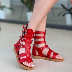 Pabucmarketi Kadın Kırmızı Deri Sandalet - Thumbnail