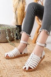 Pabucmarketi - Pabucmarketi Kadın Beyaz Deri Sandalet