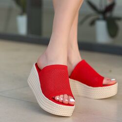 Pabucmarketi Kadın Kırmızı Triko Dolgu Topuk Terlik - Thumbnail
