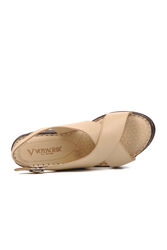 Voyager Bej Hakiki Deri Kadın Dolgu Topuk Sandalet - Thumbnail