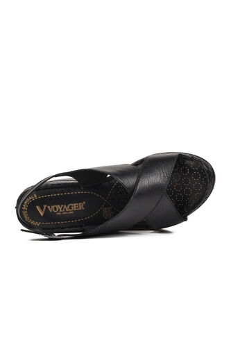 Voyager Siyah Hakiki Deri Kadın Dolgu Topuk Sandalet